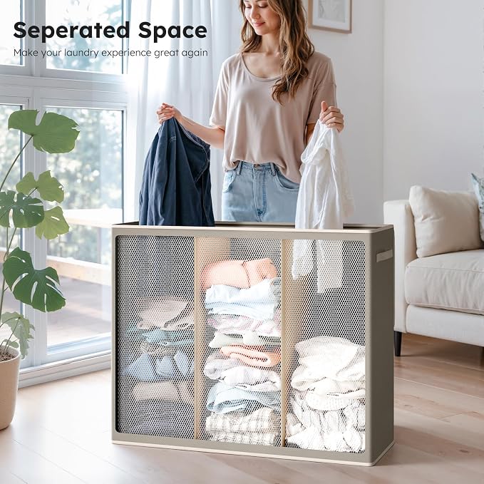 SOLEDI 180L 3-Section Laundry Hamper with Lid, Extra Large Dirty Clothes Basket with Sturdy Handles for Laundry Room & Bedroom - Durable Organizer for Sorting Laundry - Image 4