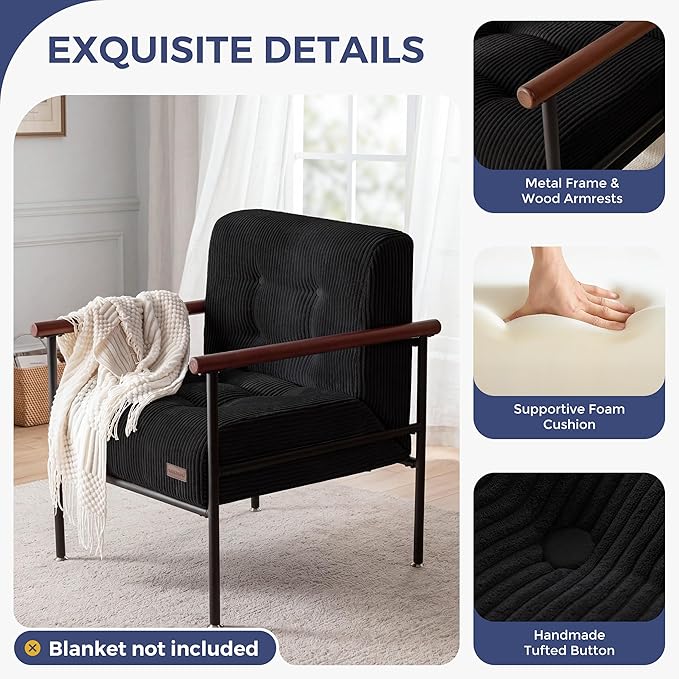 MAXYOYO Living Room Accent Chair, Modern Chair with Sturdy Metal Frame & Wood Armrests, Upholstered Reading Chair with Upholstered Cushion for Bedroom Balcony Porch, Black