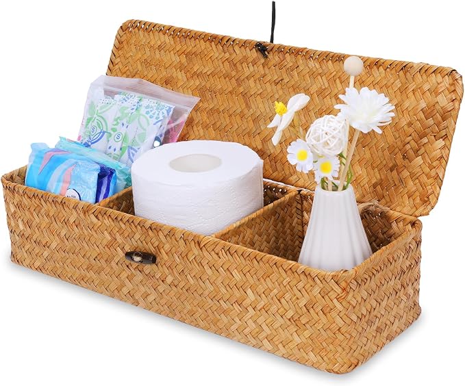 Nonam Seagrass Storage Small Basket with Lid - 3-Section Divided Organizer for Tea,Sugar,Coffee,Tampons - Woven Shelf Bin for Closet, Toilet Tank - Rectangular Narrow Boho Basket Home Decor - Image 7