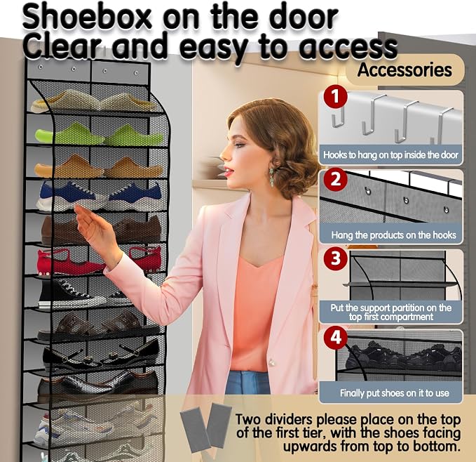 Kotkn Over The Door Shoe Organizer with 12 Large Breathable Pockets - Durable Hanging Storage for the Entire Family's Shoes (Gray) - Image 5