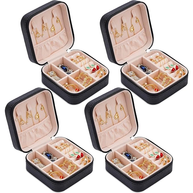Neveika Portable Travel Mini Jewelry Box Leather Jewellery Ring Organizer Case Storage Gift Box Girls Women (4pcs black). - Image 8