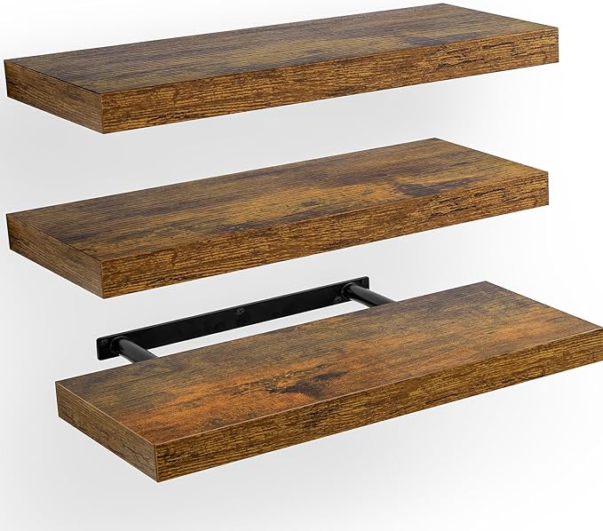 AMADA HOMEFURNISHING Floating Shelves, Wall Shelves for Bathroom/Living Room/Bedroom/Kitchen Decor, Decor Shelf with Invisible Brackets Set of 3, Rustic Brown - AMFS07V by AMADAHOMEFURNISHING