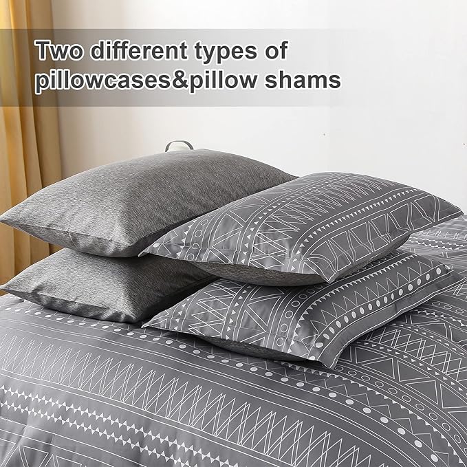 WONGS BEDDING 7 Pieces Grey Boho Comforter Set King Size,Dark Grey Texture Geometric Bed in a Bag Comforter Reversible Soft Microfiber Bedding Set with Pillowcases & Shams,Flat Sheet,Fitted Sheet