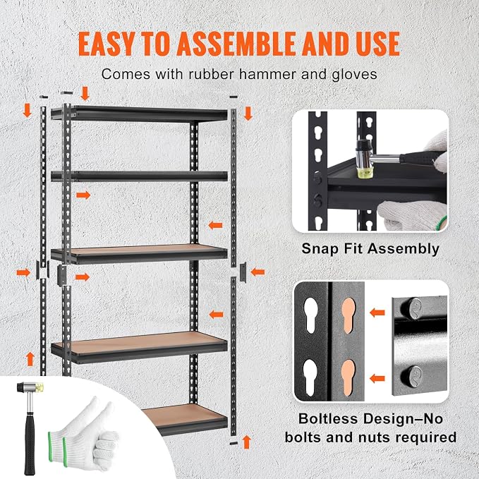 VEVOR Storage Shelving Unit, 5-Tier Adjustable, 2000 lbs Capacity, Heavy Duty Garage Shelves Metal Organizer Utility Rack, Black, 30" L x 12" W x 60" H for Kitchen Pantry Basement Bathroom Laundry - Image 6