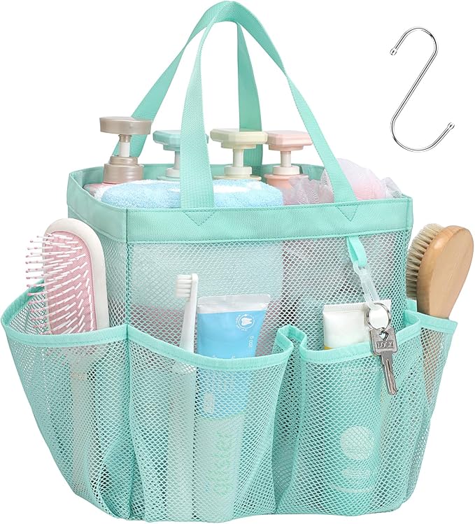 F-color Mesh Shower Caddy Portable, Upgrade Deeper 7 Pockets Shower Bag Basket Tote for College Dorm Room Toiletry Bathroom Essentials Gym Camp Quick Dry 2 handles with S Hook, Sage Green by F-color
