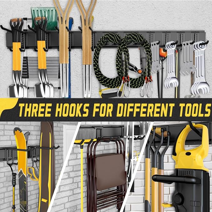 64'' Garage Tool Organizer Wall Mount, 18 PCS Adjustable Garden Tool Hanger Rack, Garage Hooks Heavy Duty, Shovel Holder Wall Mount, Storage Hooks for Hanging in Garage - Image 8