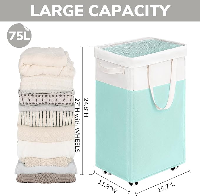 Goodpick Laundry Basket with Wheels, 75L Laundry Hamper with Wheels, Large Laundry Basket with Removable Wash Bag, Clothes Hamper for Laundry, Blue&White - Image 3