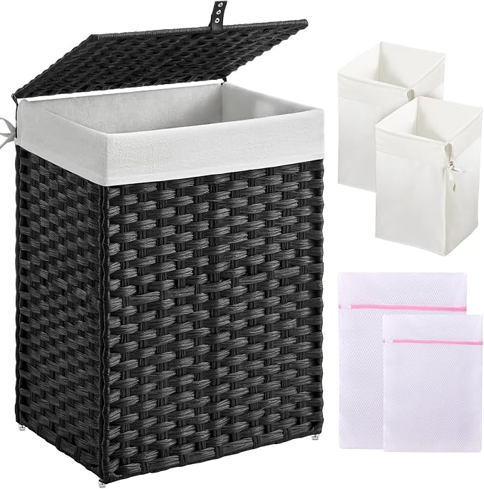Greenstell Laundry Hamper with Lid, 90L Clothes Hamper with 2 Removable Liner Bags & 2 Mesh Laundry Bags, Handwoven Synthetic Rattan Laundry Basket for Clothes, Toys in Bathroom, Bedroom Black by Greenstell