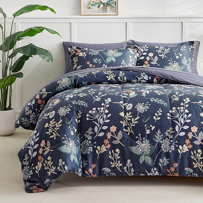 AIKASY 7-Piece Queen Size Bed in a Bag Comforter Set - Blue Fog Floral Ensemble with Reversible Botanical Flowers Comforter, Sheets, Pillowcases & Shams