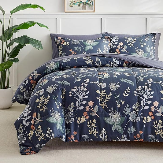 AIKASY 7-Piece Queen Size Bed in a Bag Comforter Set - Blue Fog Floral Ensemble with Reversible Botanical Flowers Comforter, Sheets, Pillowcases & Shams
