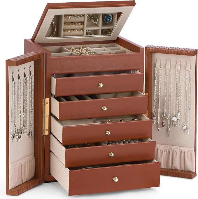 Dajasan Large Jewelry Organizer Box, Jewelry Boxes for Women Girls, 6-Tier Jewelry Storage Organizer with Mirror for Necklace Ring Bracelet Watch, Gift Idea (Brown) by DAJASAN
