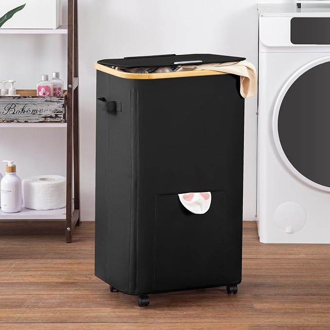 Vincona Laundry Basket with Wheels, Tall Dirty Clothes Hamper on Wheels, Rolling Laundry Hamper with lid for Dorm, Bedroom and Bathroom (Black, 100L) - Image 6
