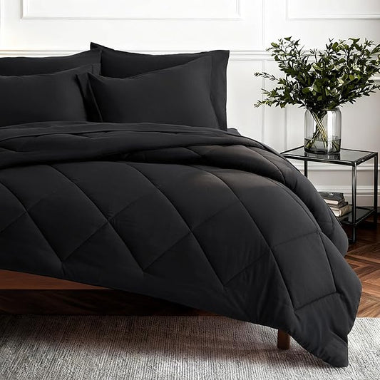 Bedsure Premium Series 5 Piece Black Twin Comforter Set, Goose Down Alternative, All Season Medium Warmth, Soft Hotel Luxury Bed in a Bag, Safe for Sensitive Skin, Includes Sheets Pillowcase & Sham