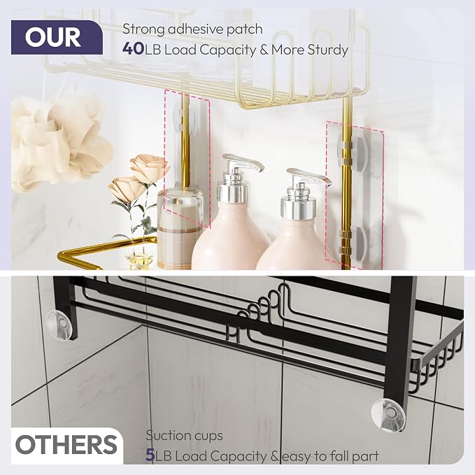 SWTYMIKI Bathroom Shower Caddy Hanging - 3 Tier Rustproof Over Shower Head Organizer, No Drilling Bathroom Shelf with 16 Hooks & Soap Holder, Anti-Swing Rack for Shampoo,Sponge,Towel, Gold - Image 7