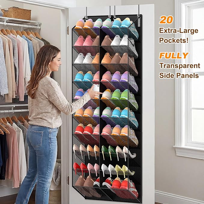 UVIAHOMI 20-30 Pairs Over the Door Shoe Organizer, Breathable Pocket Hanging Shoe Storage for Closet, 10-Tier Door Shoes Rack, Handing Shoes Holder Fit All the Family's Sneakers, Boots, Heels, Black - Image 4