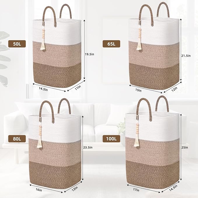 Woven Laundry Basket for Clothes,100 L Large Rectangle Laundry Hampers with Beads Tassel, Nursery Storage Basket for Toys, Tall Dirty Clothes Hamper for Bedroom Aesthetic, Laundry Room Organization - Image 8