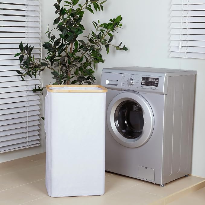 iEGrow 110L Laundry Hamper with Lid，Dirty Clothes Hampers for Laundry,Laundry Basket with Bamboo Handles and Removable Bag,Hamper for Bedroom, Bathroom, Dorm, Laundry Room, White - Image 6