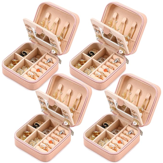 Neveika Jewelry Box with Mirror,Small Jewelry Organizer Box，Travel Jewelry Case for Women，Gift Jewelry Boxes for Female Girls (4pcs mirror pink) by NEVEIKA