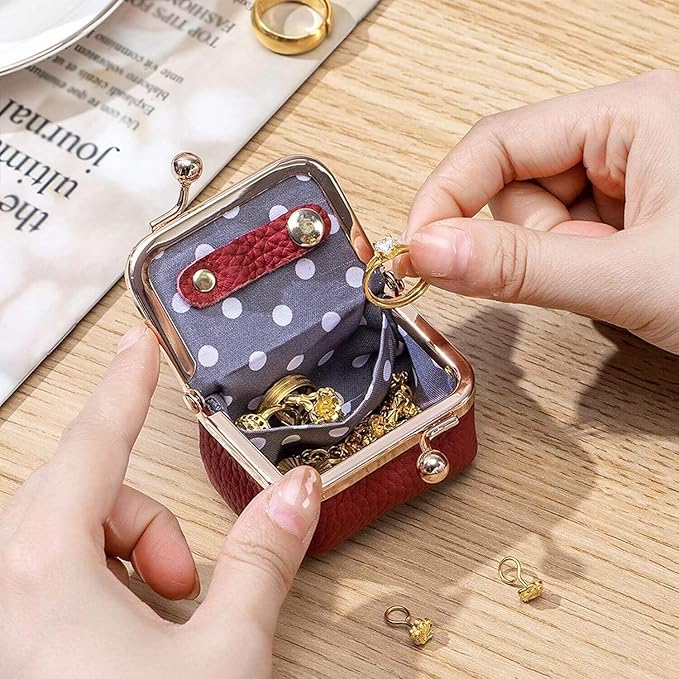 Leather Mini Jewelry Box, Portable Vintage Leather Coin Purse Jewelry Box with kiss Lock, Mini Travel Ring Box for Earrings/Rings/Necklaces/Bracelets - Image 3