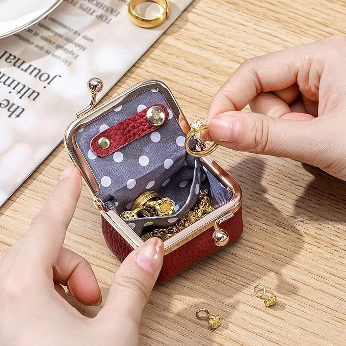 Leather Mini Jewelry Box, Portable Vintage Leather Coin Purse Jewelry Box with kiss Lock, Mini Travel Ring Box for Earrings/Rings/Necklaces/Bracelets - Image 3