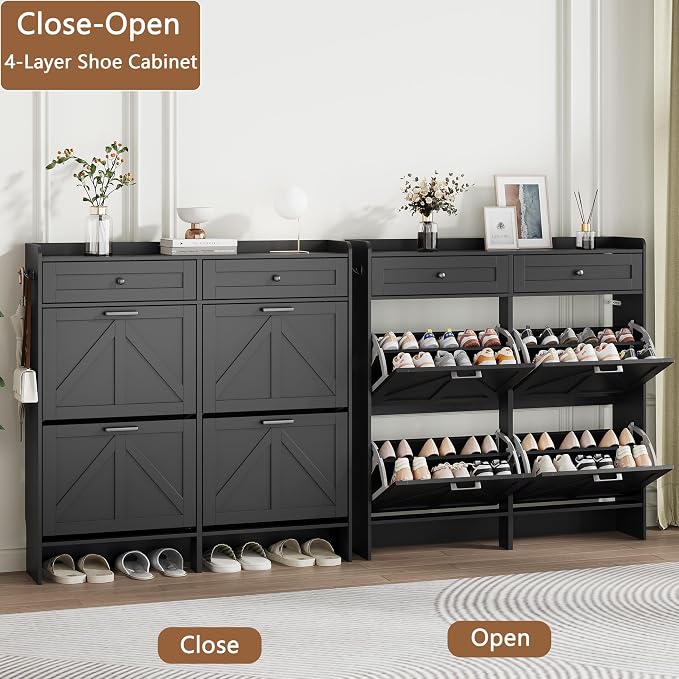 Shoe Cabinet with 4 Flip Drawers & 2 Top Drawers, 43" Tall Freestanding Narrow Wooden Shoe Storage Organizer for Entryway, Hidden Slim Shoe Rack for Front Door Entrance, Hallway, Living Room, Black - Image 4
