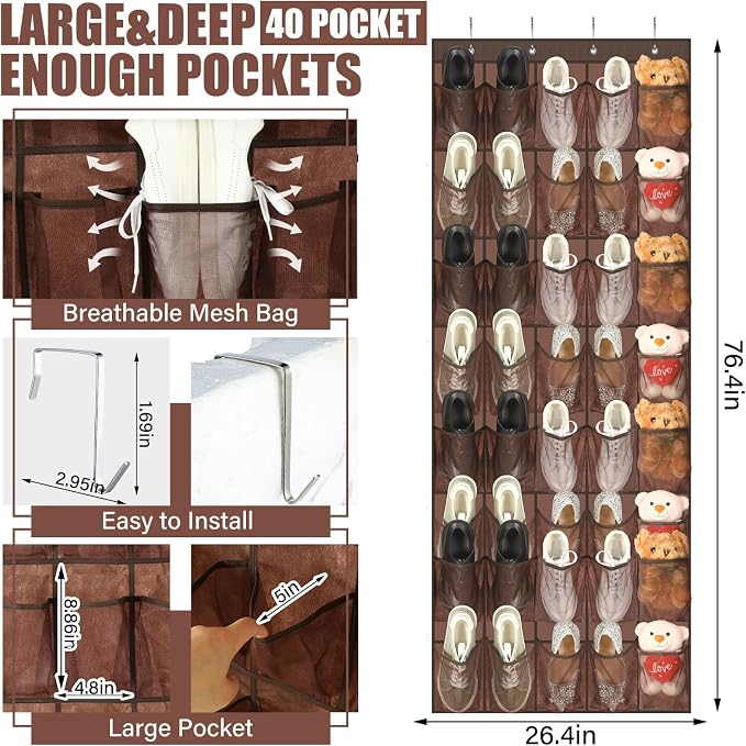 Windyun 40 Over the Door Shoe Organizer Large Breathable Mesh Pockets Hanging Shoe Rack for Closet Brown Behind Door Hanger Storage Holder Nonslip Hooks for Women Men Entryway Bedroom Utility Room - Image 3