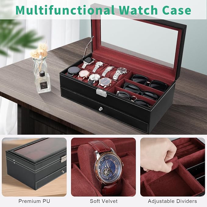 TomCare Watch Box 2-Tier Watch Case Jewelry Organizer Box with Thick Glass Lid Lockable Watch Organizer Jewelry Display Holder Sunglass Rings Necklaces Bracelets Storage Organizer for Men Women - Image 4