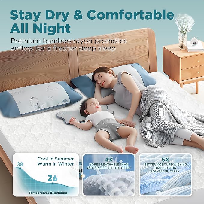 5-Sided Waterproof Mattress Protector, California King Size Quilted Bamboo Rayon Mattress Cover, Breathable Cooling Noiseless Bed Fitted Sheets, Soft Bedding Pad with Deep Pocket Up to 18"