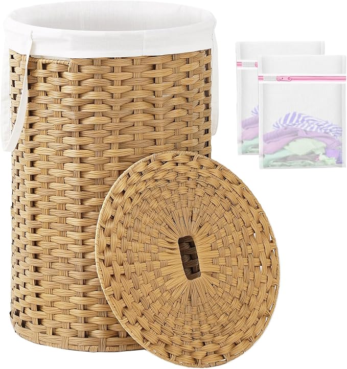 SETVSON Large Laundry Hamper Laundry Basket Round 34.3 Gal (130 L) Handwoven Wicker Laundry Baskets Rattan Laundry Basket with Laundry Bag Handles 2 Mesh Bags for Living Room Bedroom Natural by SETVSON