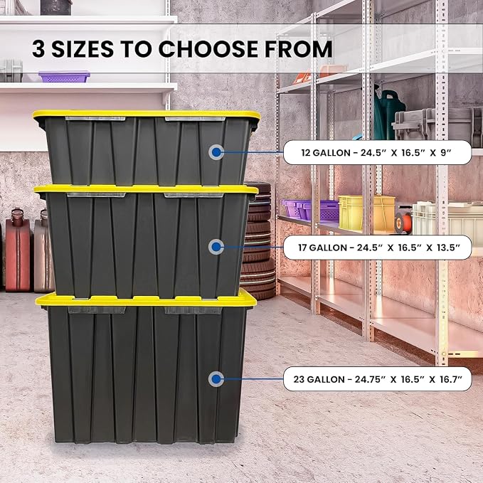 8 PACK Medium Black & Yellow Storage Bins | Plastic Tote Organizing Container with Secure Latching Lids, Stackable, Extra Strength with Built in Handle | Black and Yellow Bins | 24.5" x 16.5" x 9" - Image 7