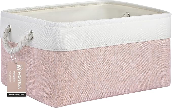 Large Storage Baskets- 15.7x11.8x8.26 inch Storage Bins for Shelves and Closet Organizing, Foldable Fabric Bin for Home Organization Clothes and Laundry (1-Pack, White&Pink) by VQRTEXAStorageBasket