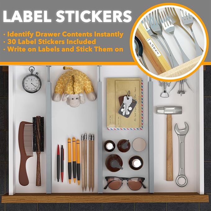 SpaceAid 4 Pack Bamboo Drawer Dividers with Labels, Kitchen Adjustable Drawer Organizers, Expandable Organization for Home Clothes Dressers (17-22 in, Gray) - Image 4