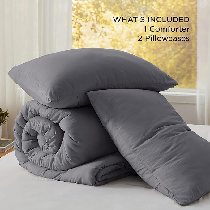 Bedsure Oversized Queen Comforter Set, Dark Grey Soft Prewashed Bedding for All Seasons, 3 Pieces GentleSoft™ Bed Set, 1 Lightweight Comforter (98"x98") and 2 Pillowcases (20"x26")
