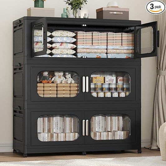 150Gal Extra Large Stackable Storage Bins with Lid & Wheels & Doors, 200QT/50GAL 3-Tiers Collapsible Closet Organizers Plastic Containers Drawers Boxes for Home Kitchen Bedroom, Black