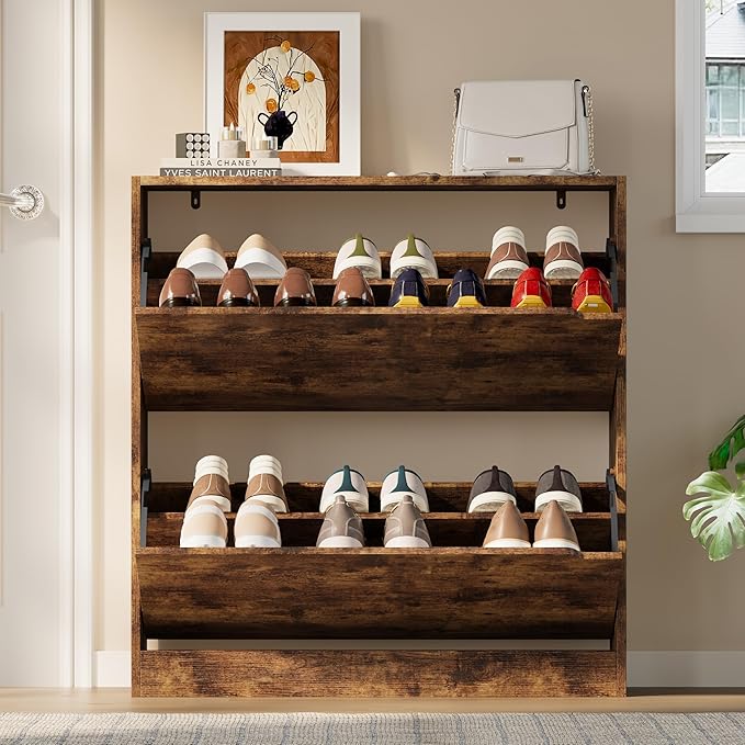 BORNOON Shoe Cabinet with 2 Flip Drawers, Slim Narrow Shoe Storage Cabinet, Freestanding Shoe Organizer with Adjustable & Removable Shelves, Top Display Shelf for Entryway, Hallway, Foyer, Closet - Image 7