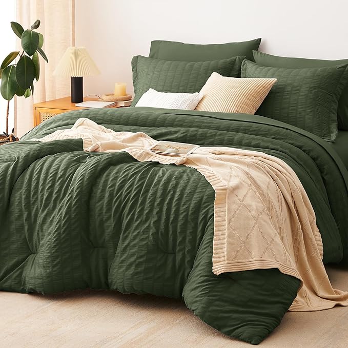 CozyLux King Size Comforter Set Olive Green Seersucker 7 Pieces Bed in a Bag King Comforter Set with Sheets, Luxury Soft Bedding Sets with Down Alternative Comforter, Sheets, Pillowcases & Shams