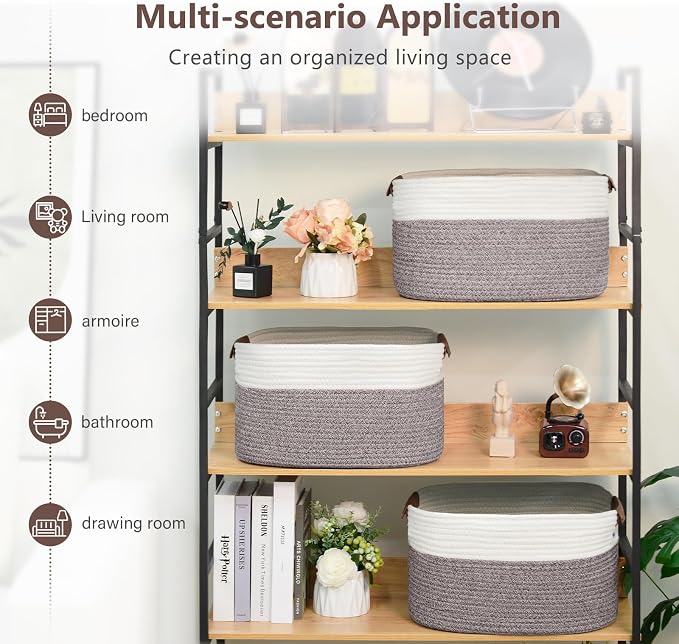 ECDYQXVU Cotton Rope Basket, Storage Baskets with Handle, 15x10x9 Inch Woven Basket for Shelves, Laundry, Towels, Clothes, Books (White Brown 3 Pack) - Image 7