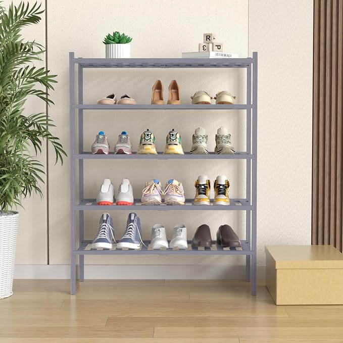 ROMGUAR CRAFT 5 Tier Bamboo Shoe Rack for Closet Free Standing Wood Shoe Shelf for Entryway Small Space Stackable 27"x11"x33" (Grey) - Image 2