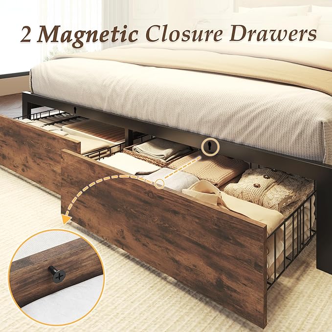Lifezone Queen Bed Frame with 2-Tier Storage Headboard, Metal Bed Frame with Storage Drawers & Built-in Charging Station & LED, Noise-Free, No Box Spring Needed, Easy Assembly, Retro Brown
