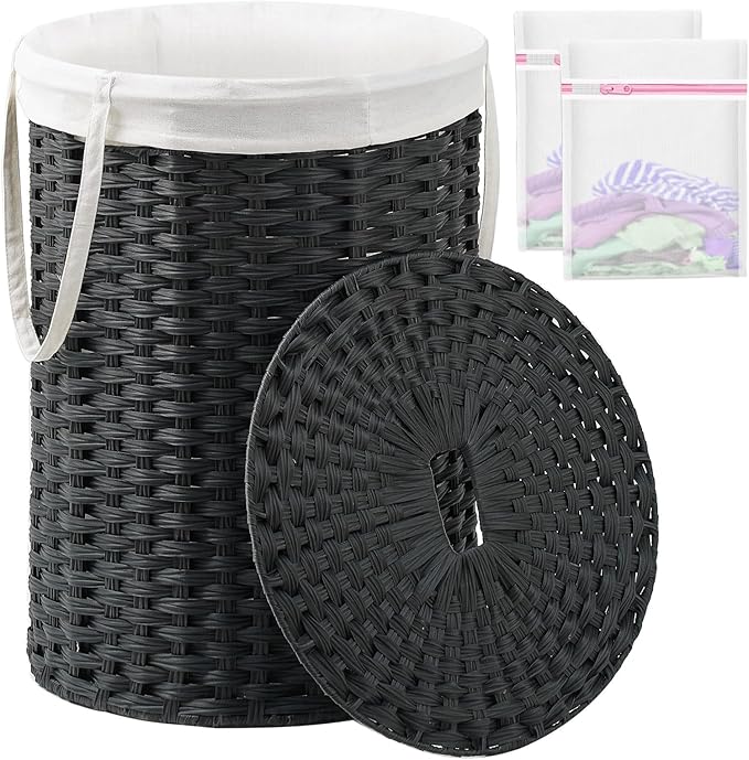 SETVSON Laundry Basket with Lid Round Rattan Laundry Hamper with Lid and Handles 29.1 Gal (110 L) Handwoven Woven Basket with Removable Bags and 2 Mesh Bags for Bathroom Living Room Black by SETVSON