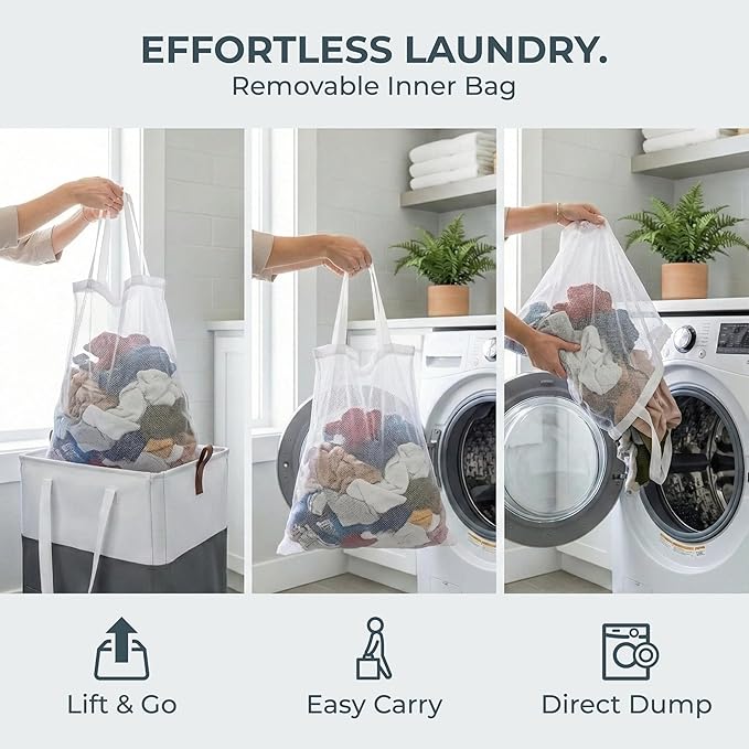 Laundry Basket with Wheels – Foldable, Space-Saving, Fabric Slim Laundry Hamper with Removable Bag and Side Pouches – Lightweight 75L Washing Basket for Clothes, Bedroom, Bathroom, Dorm - Image 5