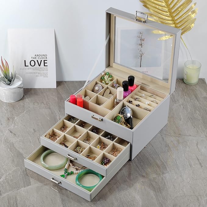 BOOVO Clear Lid Jewelry Box,3 Layers Jewelry Organizer Large Multi-Functional Jewelry Storage Box with 2 Drawers,Jewelry Display Case of Rings Earrings Necklace Bracelets for Women Girls (Grey) - Image 6