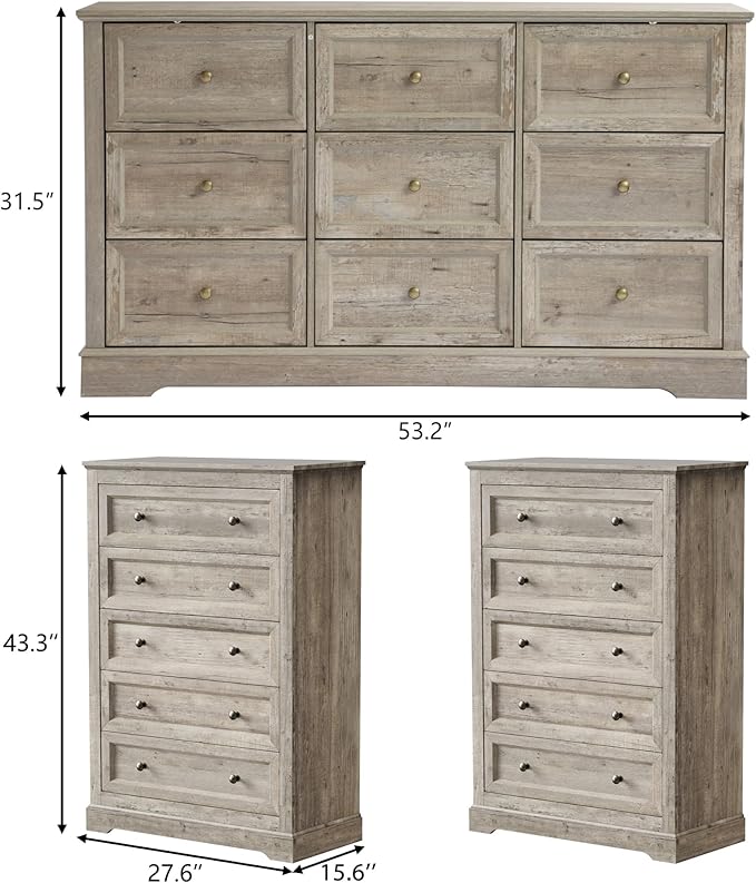 KIGOTY Farmhouse Bedroom Set, 3 Piece Bedroom Furniture Set, 9/5 Drawer Dressers,Rustic Closet Clothes Organizer, Drawer Dresser Set for Home,Grey