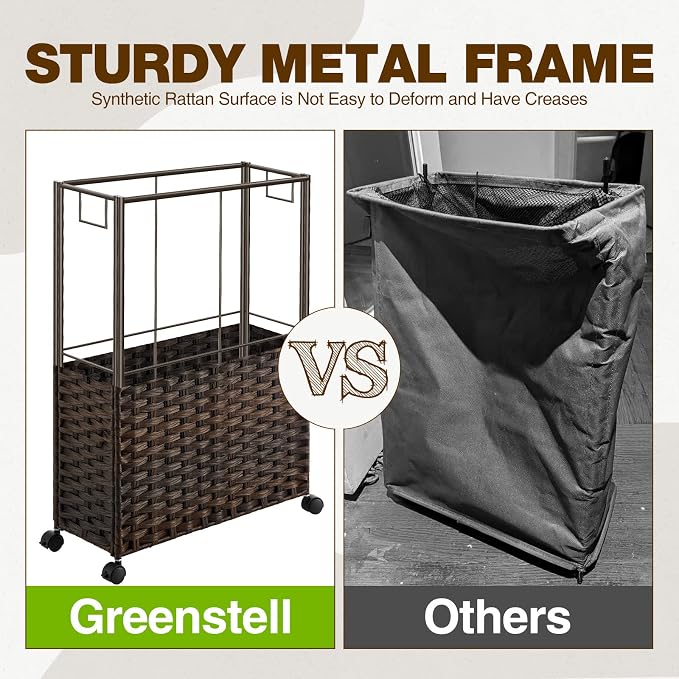 Greenstell Laundry Hamper with Wheels, 17.4 Gallon (66L) Slim Laundry Basket with 2 Removable Liner Bags & 2 Mesh Bags, Narrow Rattan Clothes Hamper for Bedroom, Laundry Room, Bathroom, Brown - Image 7