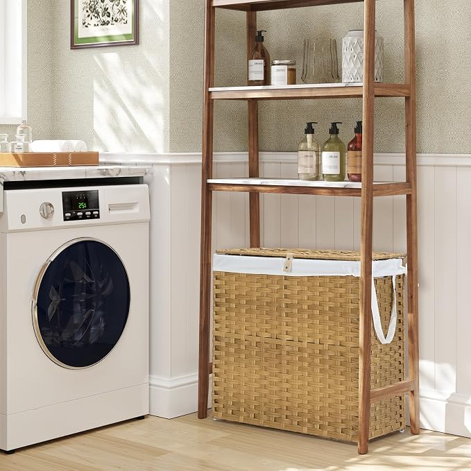 DUMOS Wicker Laundry Basket with Lid, 110L Woven Laundry Hamper with Handles, Foldable Rattan Clothes Hamper with Removable Liner & Sturdy Steel Frame, Goose Yellow - Image 8