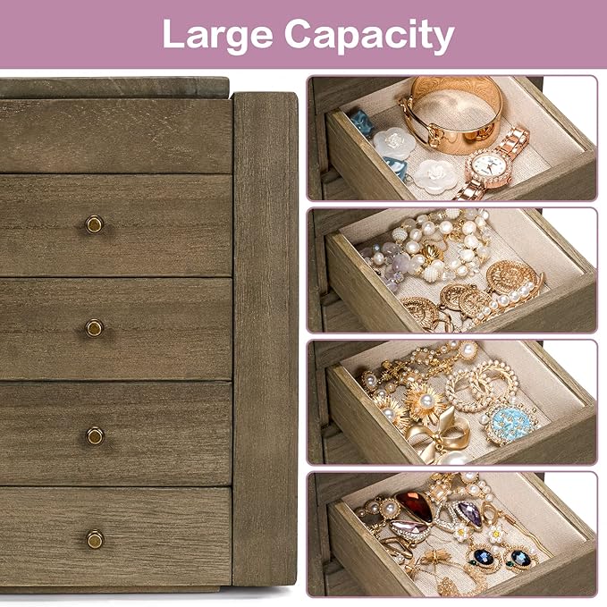 Meangood Jewelry Box Wood for Women, 5-Layer Large Organizer Box with Mirror & 4 Drawers for Rings, Earrings, Necklaces, Vintage Style, Weathered Grey - Image 4