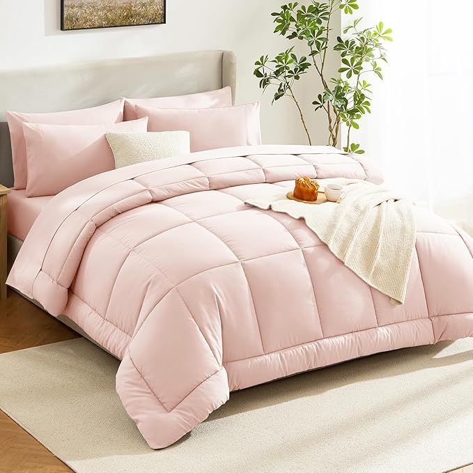 CozyLux Oversized Queen Comforter Sets Blush Pink, 7 Pieces Bed in a Bag, Ultra-Soft All Season Bedding Sets with Stitch Quilted Comforter, Flat Sheet, Fitted Sheet, Pillowcases