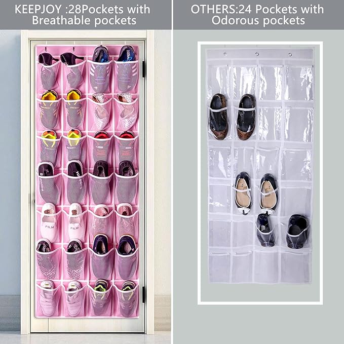 KEEPJOY 28 Pockets Hanging Shoe Organizer, Over the Door Shoe Organizer, Hanging Door Shoe Holder Rack with Mesh Pockets Large Size 65 x 23 Inch (Pink-1Pack) - Image 4