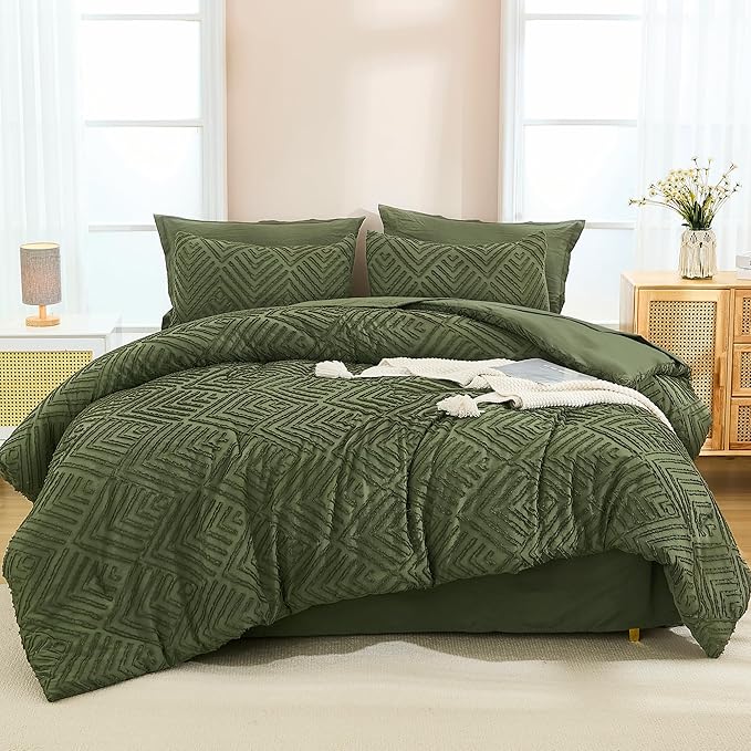 Andency Oversized King Size Comforter Set Olive Green - 7 Pieces Bed in a Bag Oversized King Boho Olive Green Bedding Comforter Sets, Tufted Bed Set with Comforter, Sheets, Pillowcases & Shams