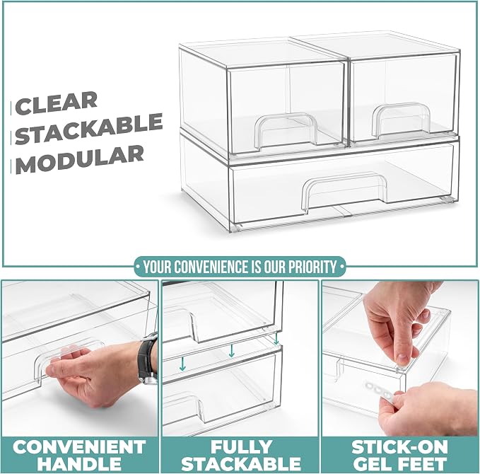Sorbus Stackable Acrylic Storage Drawers – 2 Small + 1 Wide – 3 Pack Clear Plastic Organizer Bins for Baby Bottles, Makeup, Bathroom & Vanity, Pull-Out Drawer Design for Kitchen Cabinets - Image 5